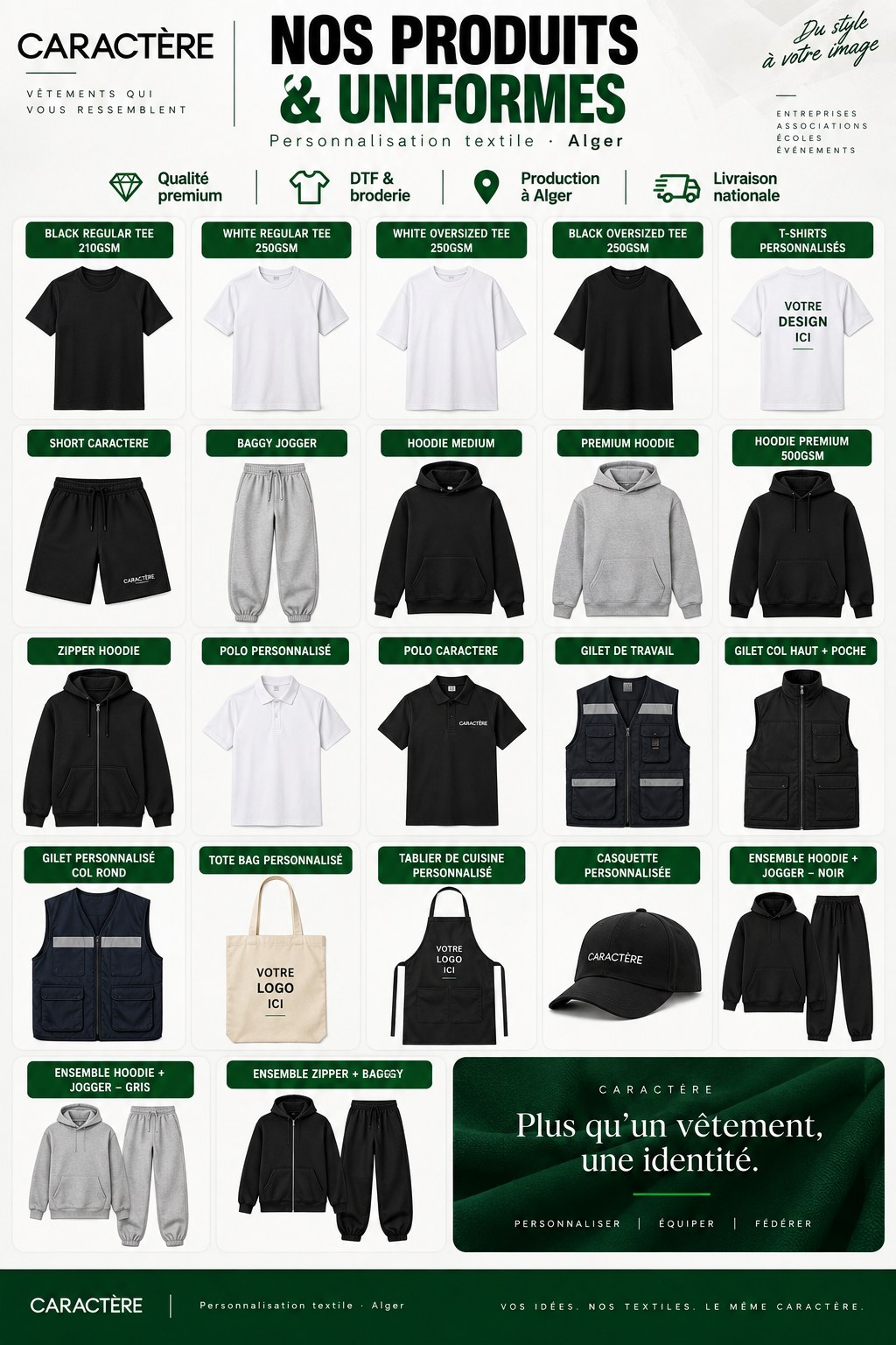 Planche Caractère « Nos produits & uniformes » : vingt-deux supports photographiés avec leur nom et leur grammage
