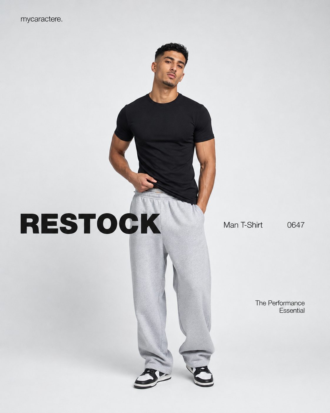 Ensemble t-shirt noir et jogger gris chiné, porté de face
