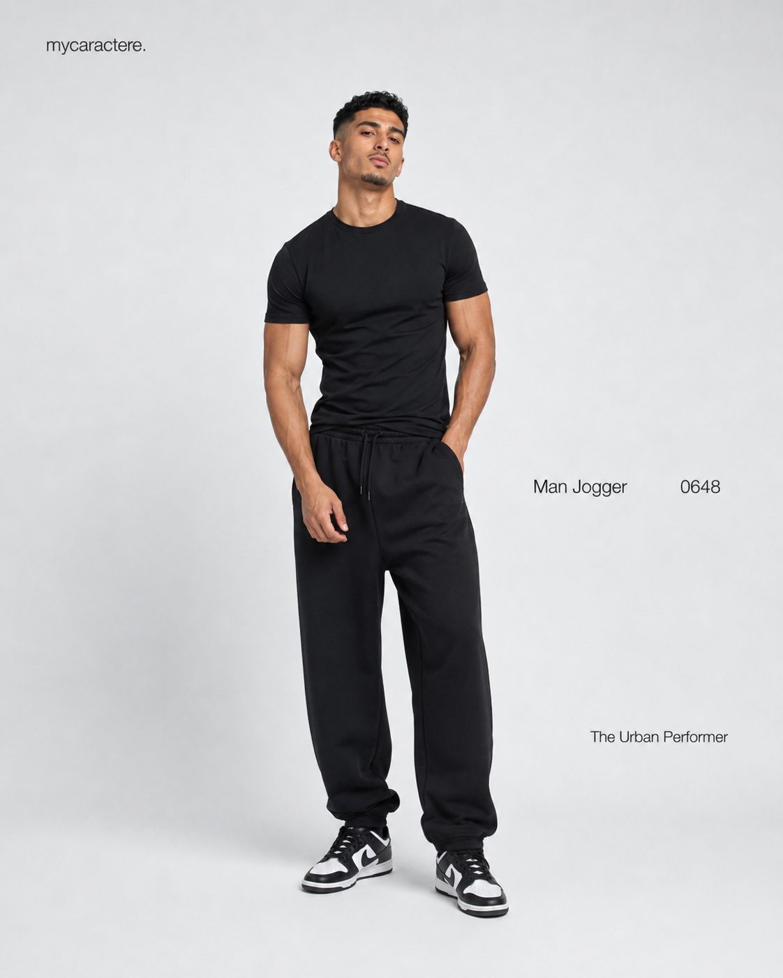 Ensemble t-shirt et jogger noirs, porté de face en studio