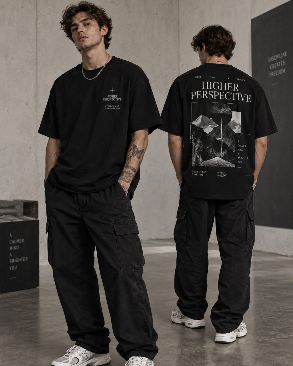 T-shirt noir imprimé « Higher Perspective », porté de face et de dos