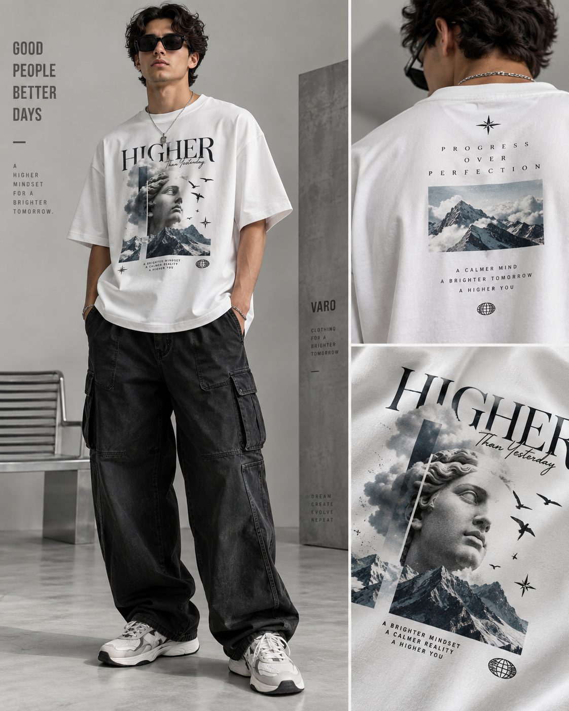 T-shirt blanc oversized imprimé « Higher Than Yesterday », porté de face, de dos et vu en détail